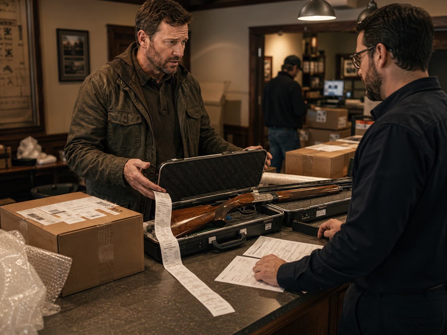 A collector at a gun shop shipping counter with a cased over-and-under shotgun and a long insurance receipt trailing across the counter